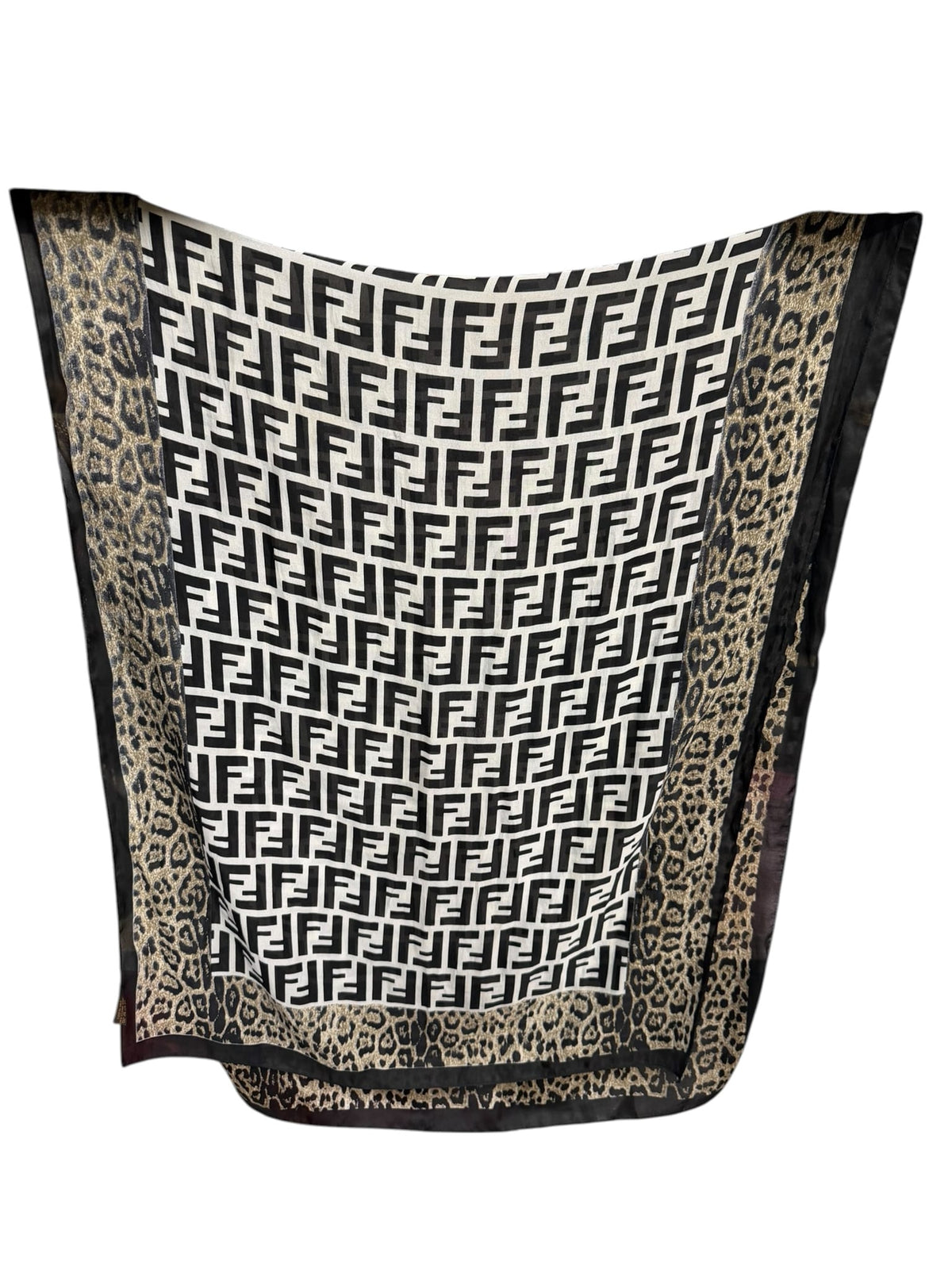 Fendi Black/White Zucca Print Leopard Print Border Silk Scarf