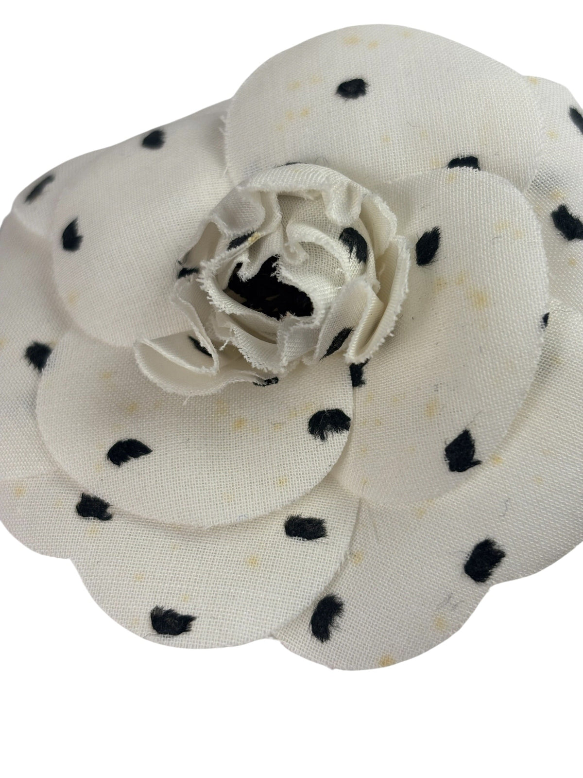 Chanel White Silk Polka Dots Camellia Flower Brooch
