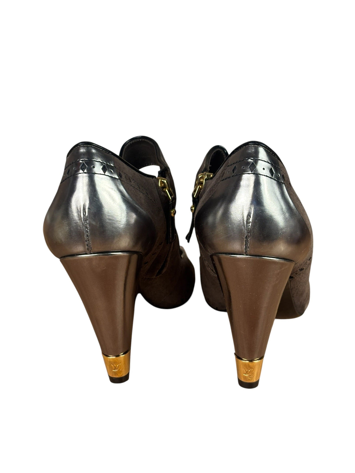 Louis Vuitton Brown Suede Silver Peep-Toe Pumps