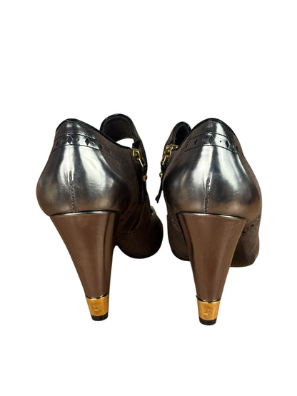 Louis Vuitton Brown Suede Silver Peep-Toe Pumps