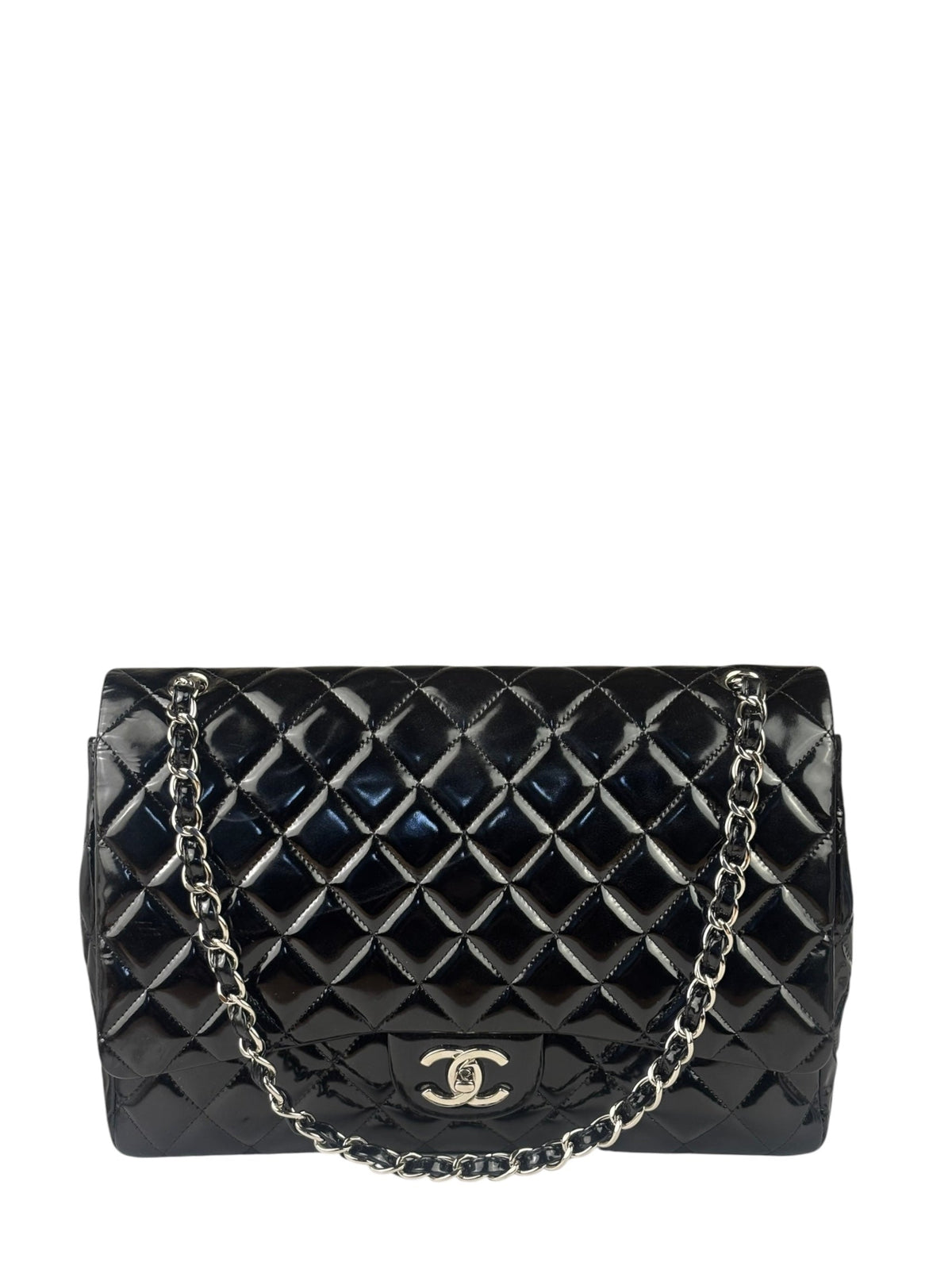Chanel Black Patent Leather Quilted Leather Double Flap Jumbo Bag 2012