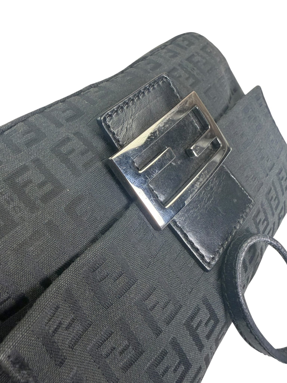 Fendi Black Leather Trim Zucca Baguette