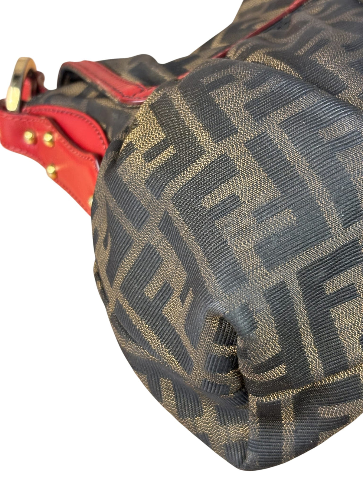 Fendi Beige/Red Leather Trim Zucca Chef Flap Bag