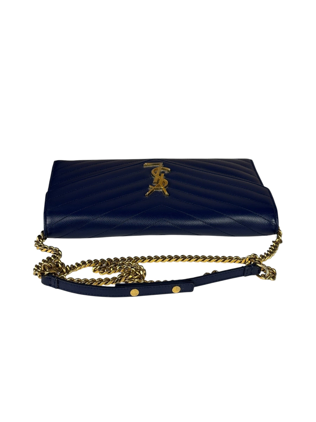 YSL Navy Blue Chevron Leather Cassandre Envelope Wallet On Chain
