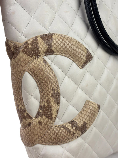 Chanel White Calfskin Quilted Python-Embossed Ligne Cambon Flat Tote Bag 2004