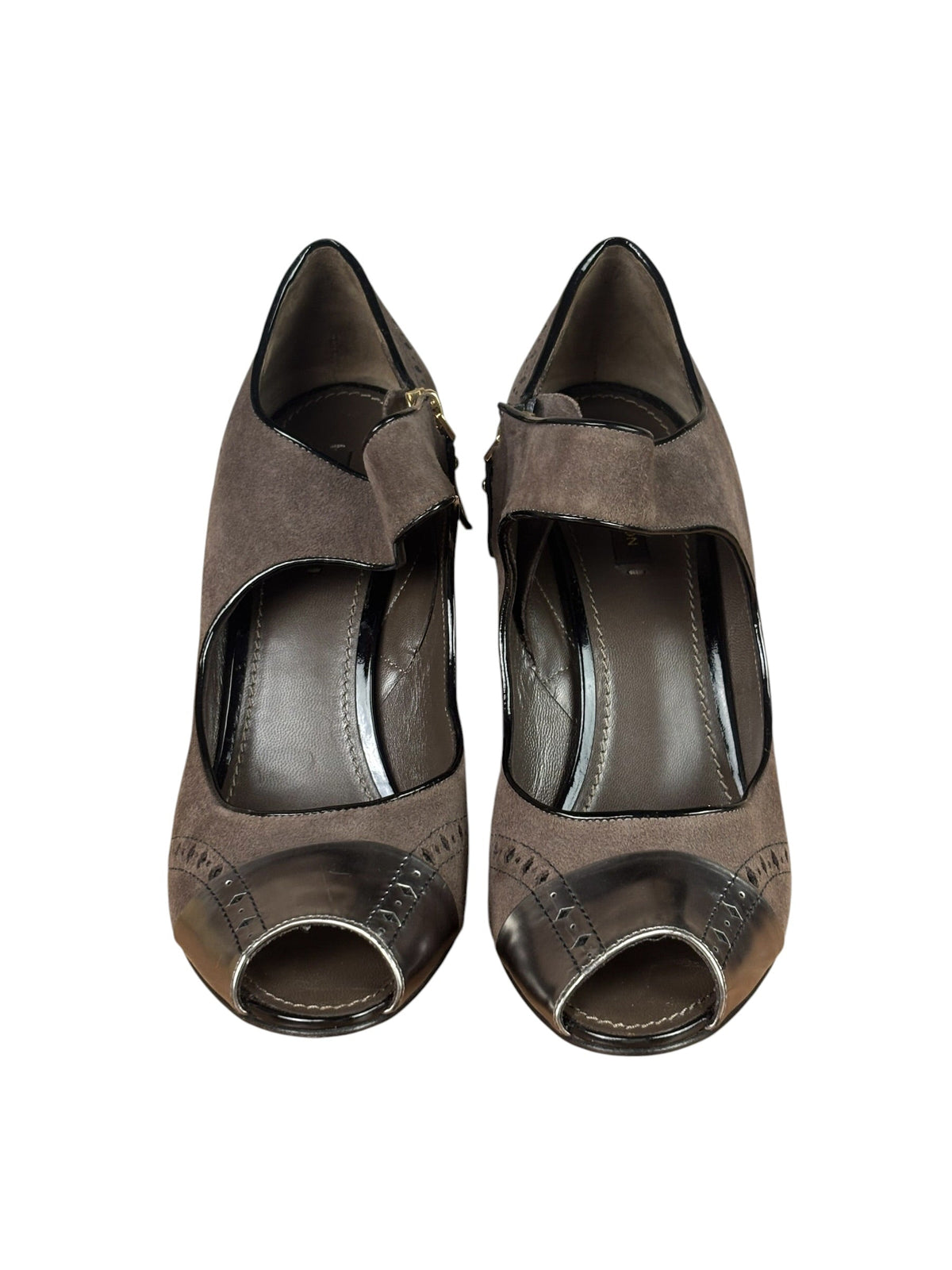 Louis Vuitton Brown Suede Silver Peep-Toe Pumps