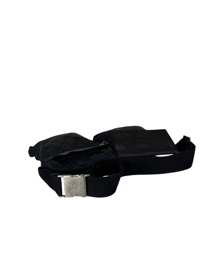 Gucci Black Leather Trim GG Double Pocket Bel Bag