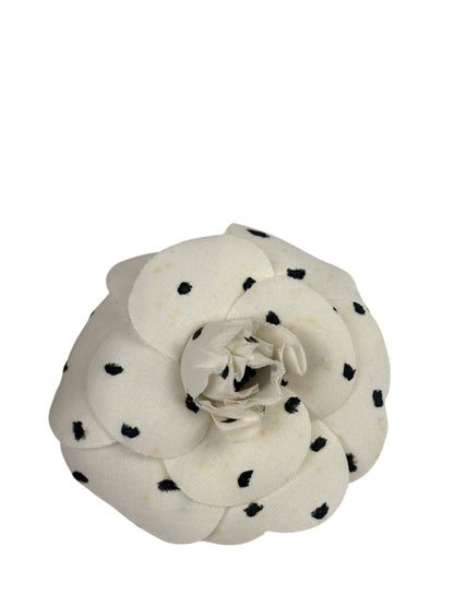 Chanel White Silk Polka Dots Camellia Flower Brooch
