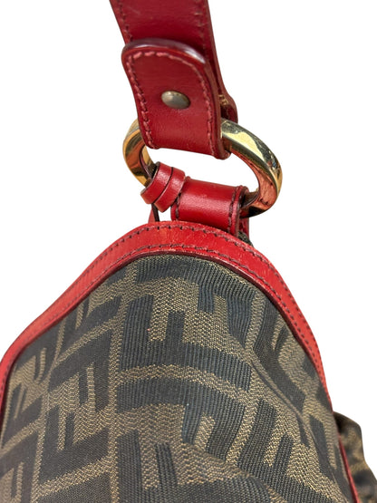 Fendi Beige/Red Leather Trim Zucca Chef Flap Bag