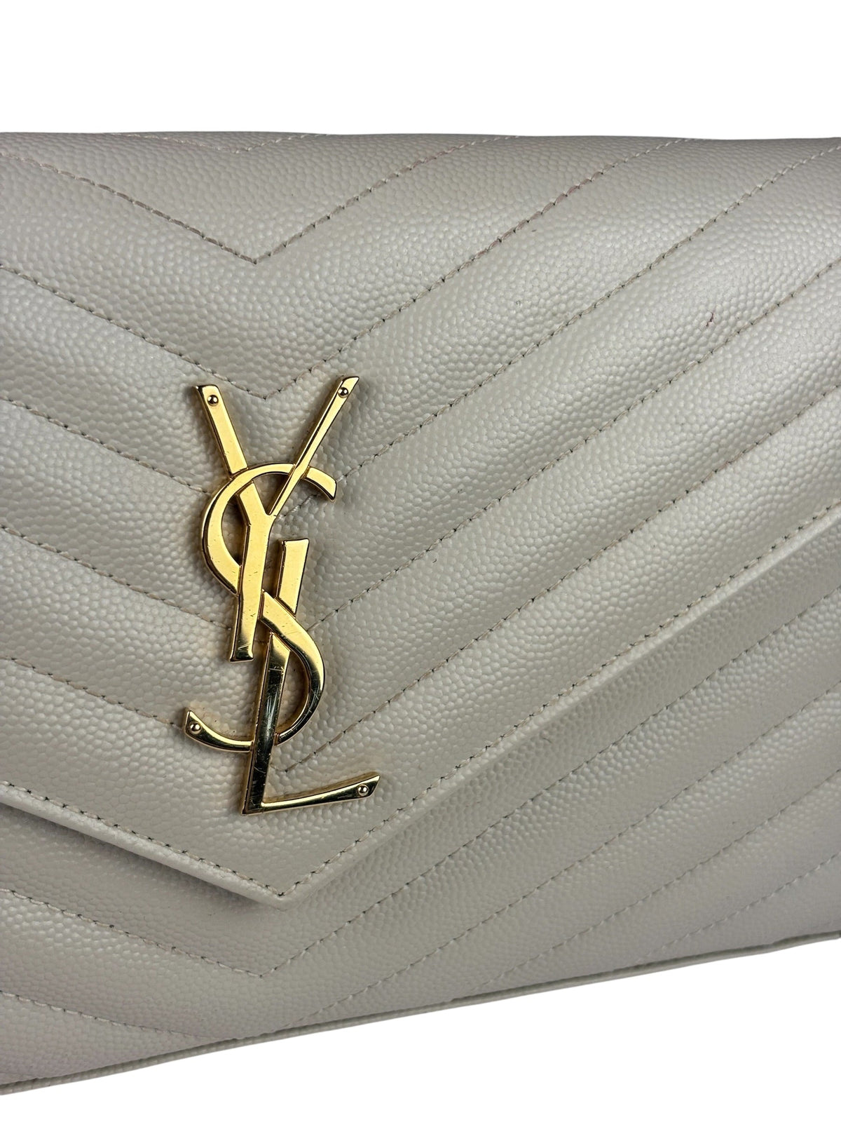YSL Cream Pebbled Leather Cassandre Envelope Small Wallet On Chain