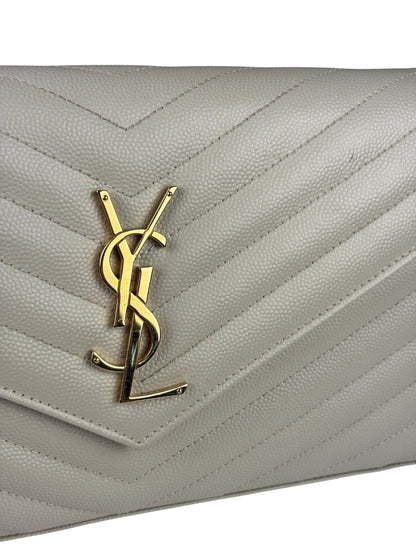 YSL Cream Pebbled Leather Cassandre Envelope Small Wallet On Chain