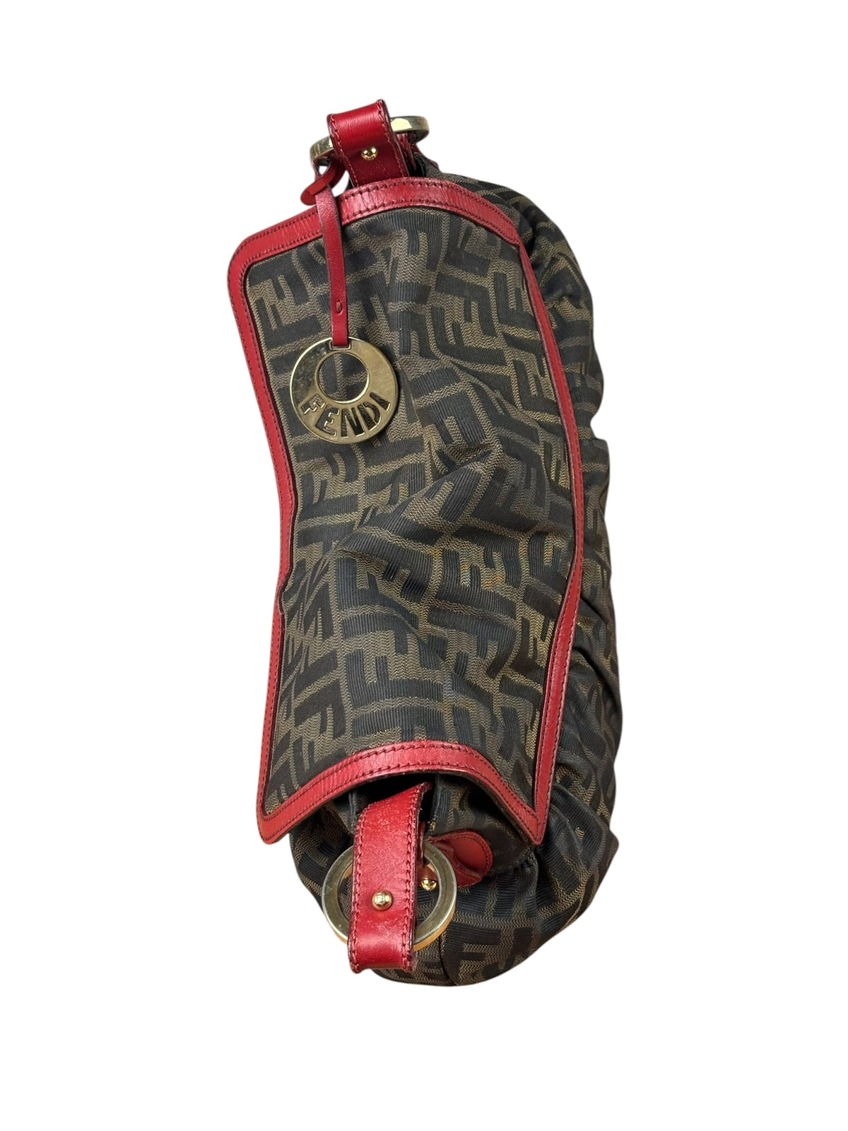 Fendi Beige/Red Leather Trim Zucca Chef Flap Bag