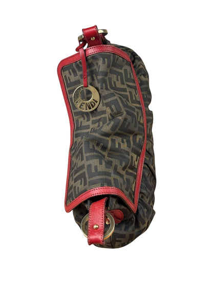 Fendi Beige/Red Leather Trim Zucca Chef Flap Bag