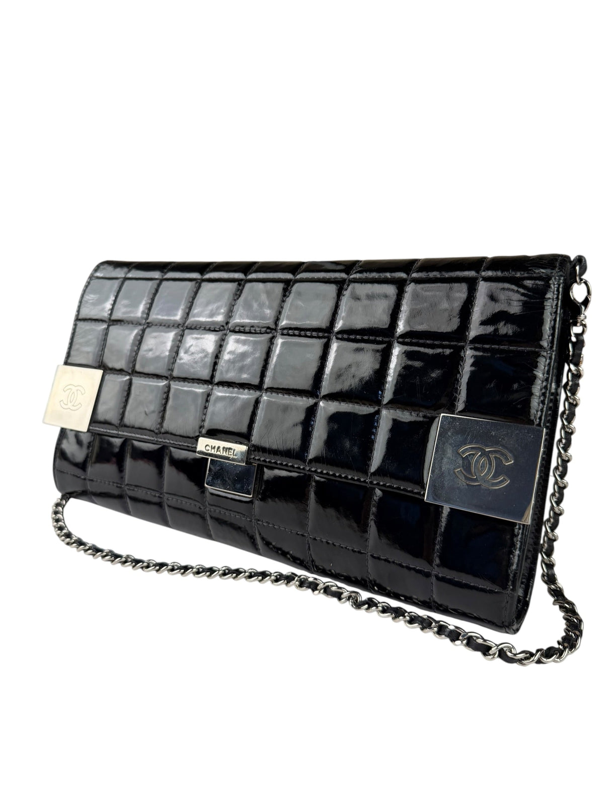 Chanel Black Patent Leather Chocolate Bar Flap Bag 2000