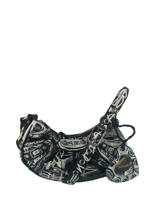 Balenciaga Black/White Leather Le Cagole Graffiti Shoulder Bag