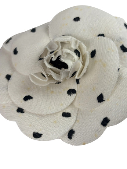 Chanel White Silk Polka Dots Camellia Flower Brooch