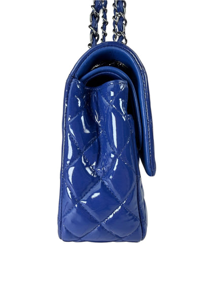 Chanel Shiny Blue Quilted Patent Leather Trim Double Flap Bag 2012