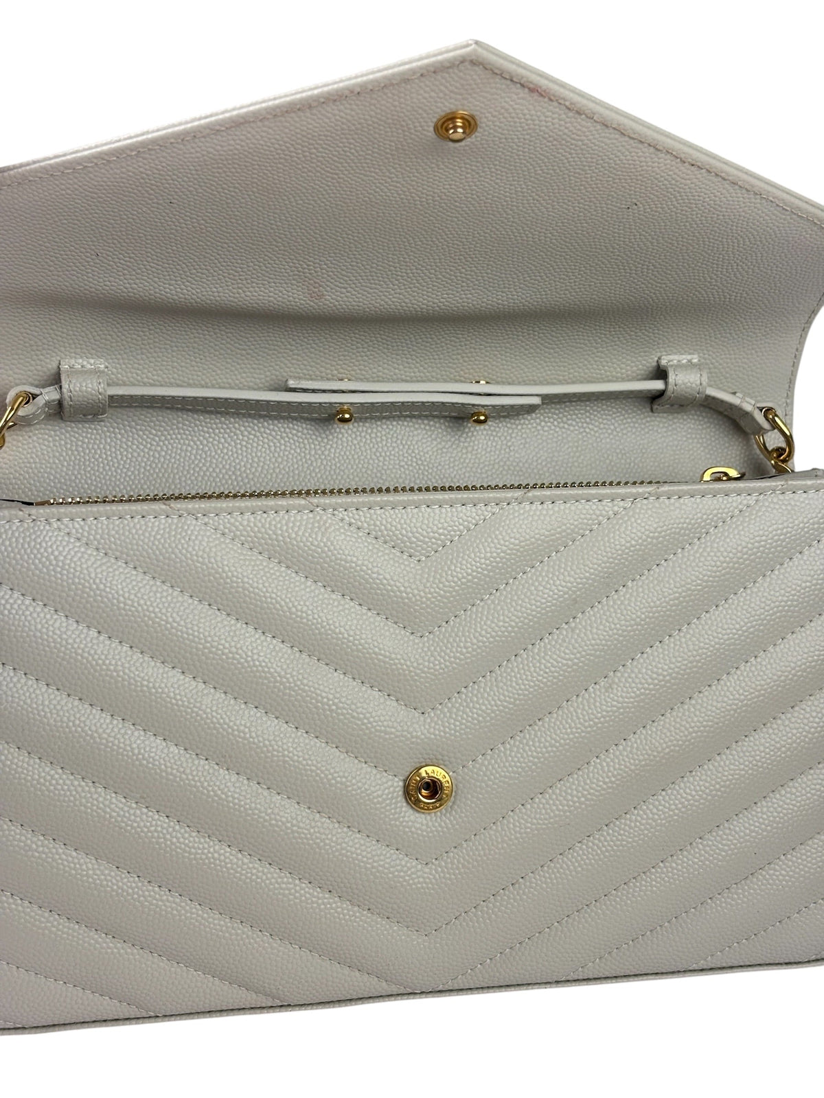 YSL Cream Pebbled Leather Cassandre Envelope Small Wallet On Chain