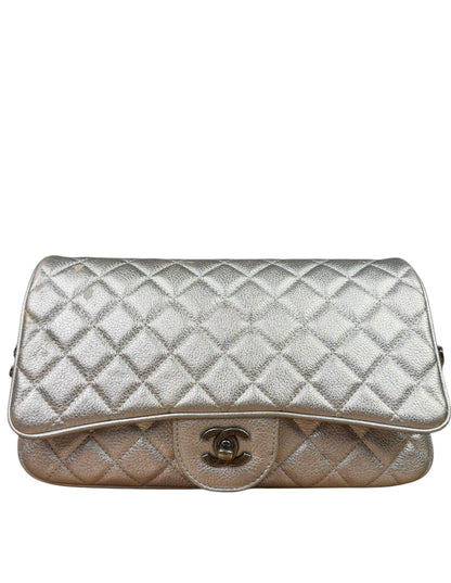 Chanel CC Silver Metallic Quilted Flap Shoulder Bag 2017