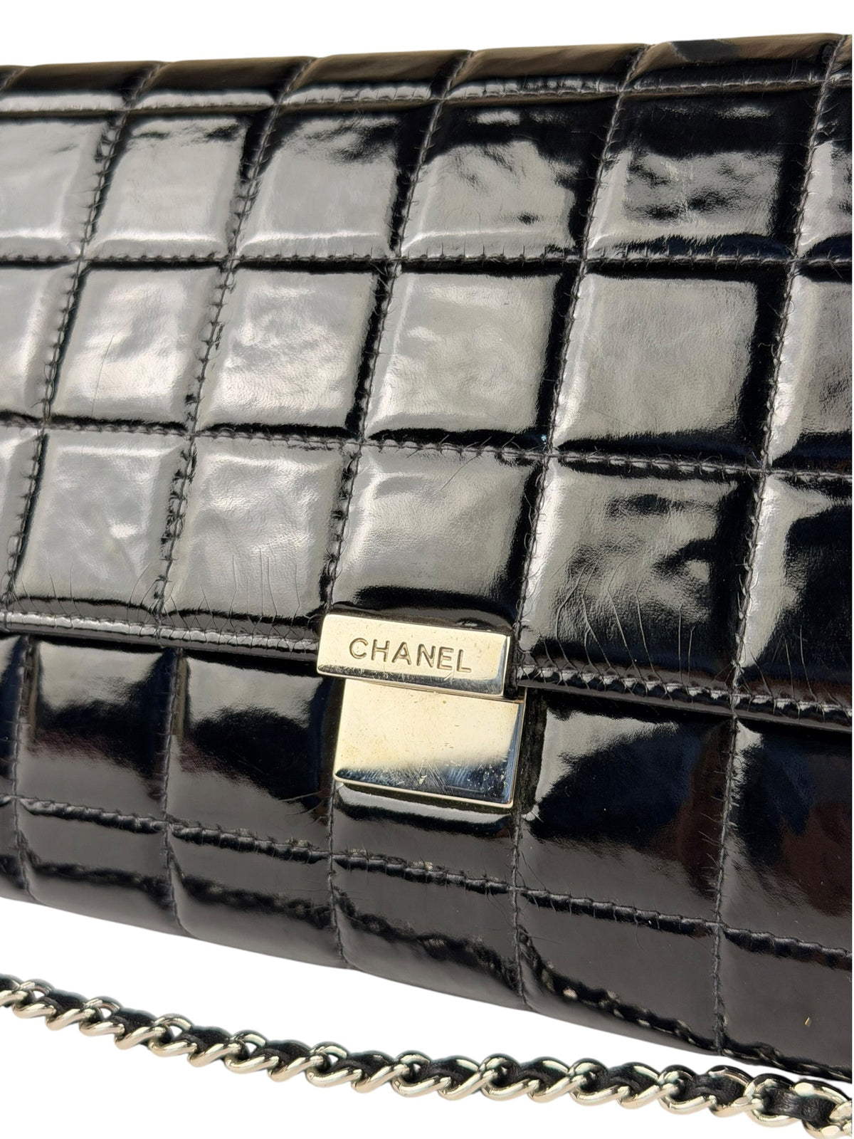 Chanel Black Patent Leather Chocolate Bar Flap Bag 2000