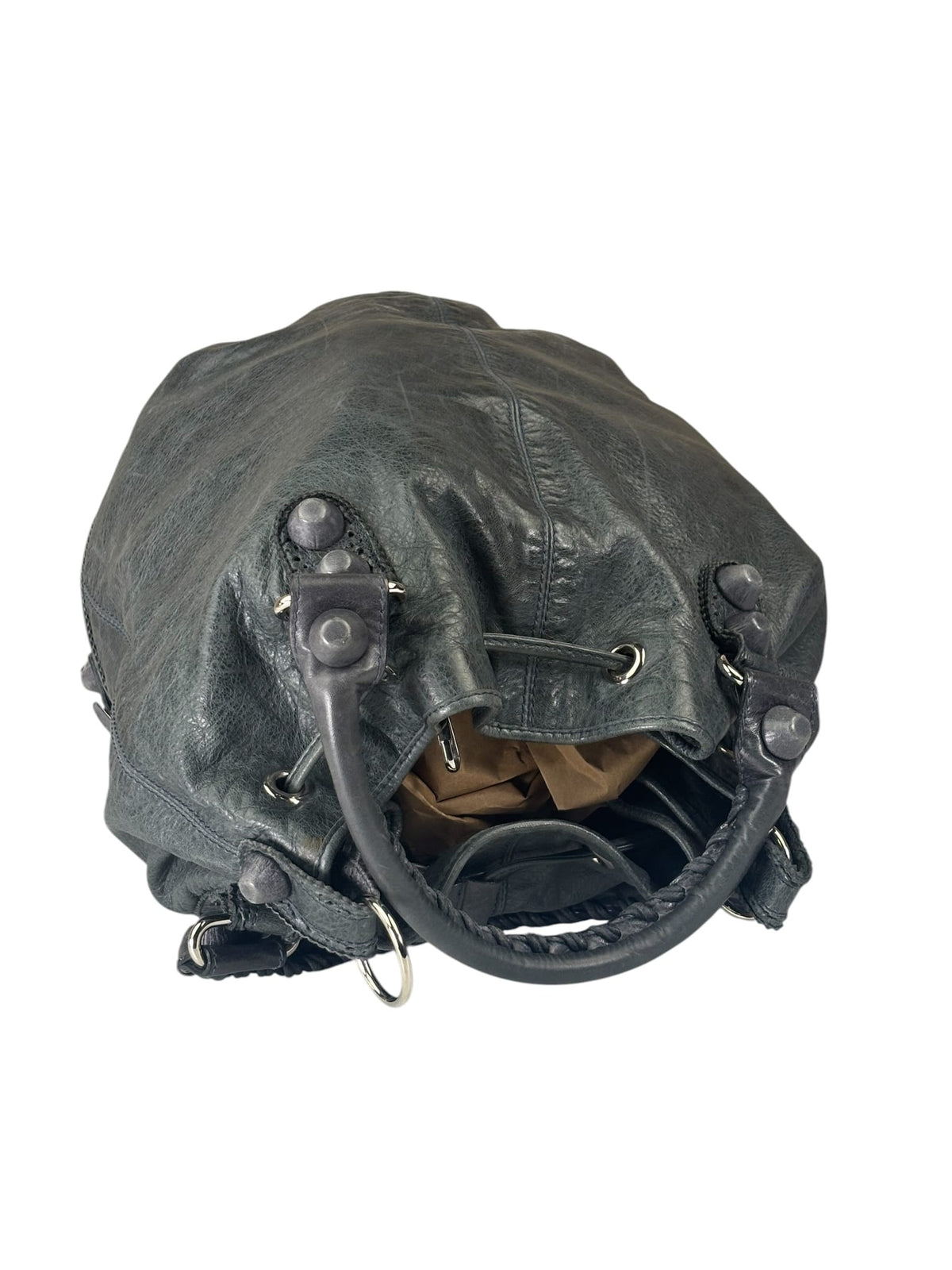 Balenciaga Grey Lambskin Giant Brogues Pompom Two-Way Bag