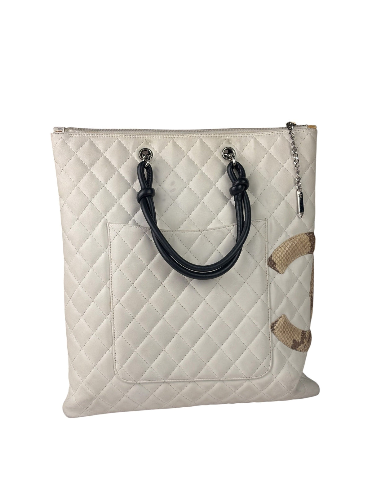 Chanel White Calfskin Quilted Python-Embossed Ligne Cambon Flat Tote Bag 2004