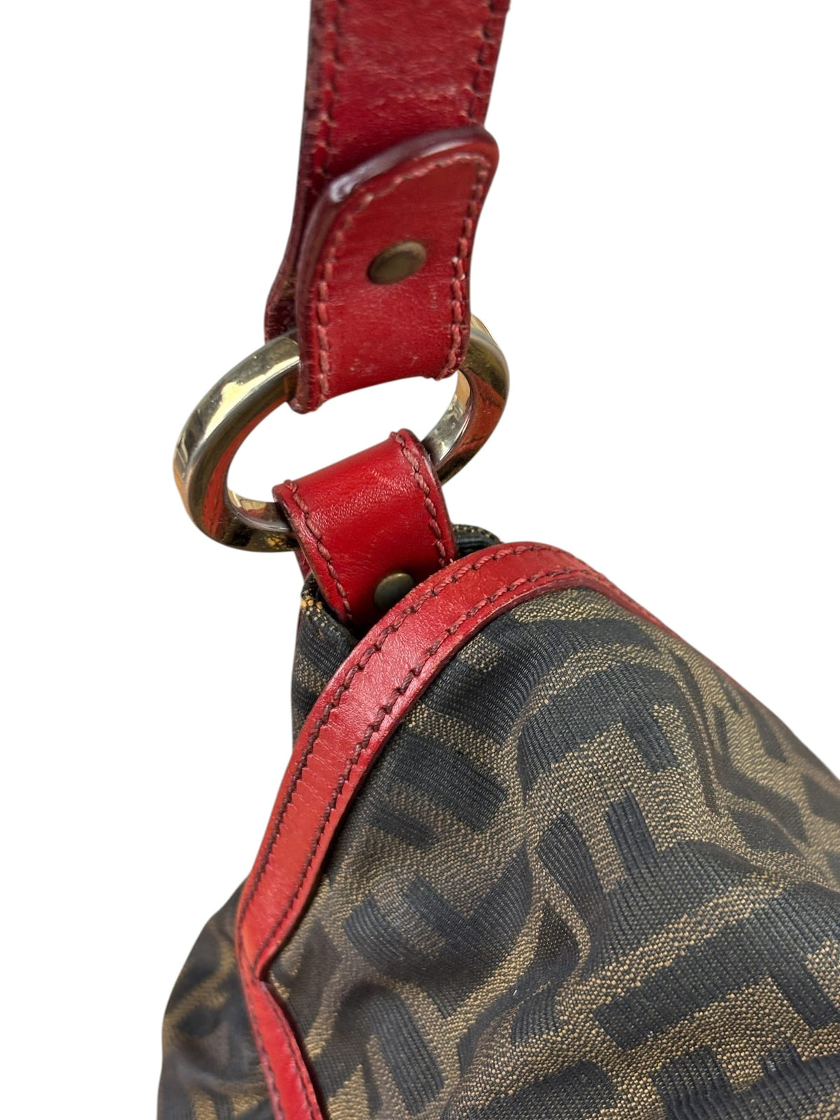 Fendi Beige/Red Leather Trim Zucca Chef Flap Bag