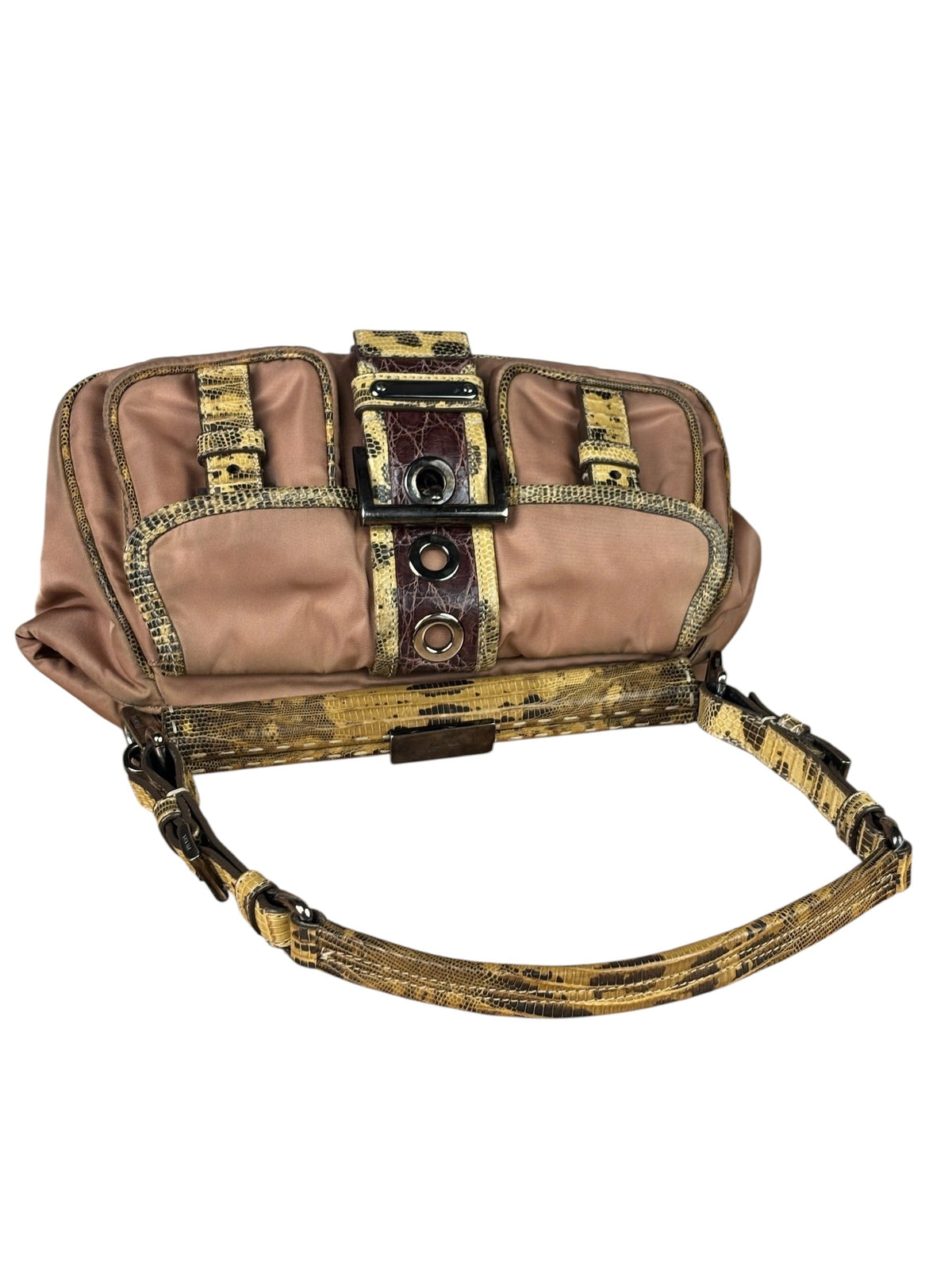 Prada Soft Dusty Rose Tessuto Nylon Snakeskin Trim Multi-Pocket Shoulder Bag