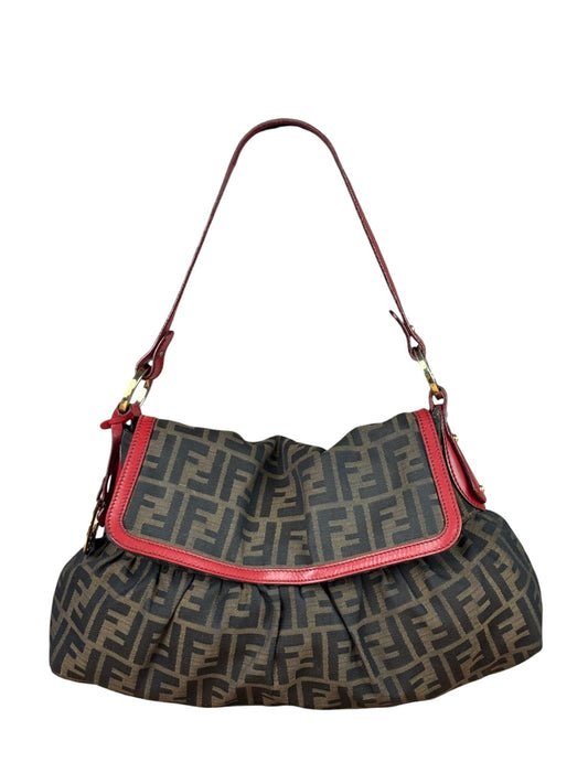 Fendi Beige/Red Leather Trim Zucca Chef Flap Bag