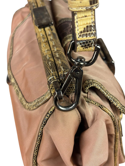 Prada Soft Dusty Rose Tessuto Nylon Snakeskin Trim Multi-Pocket Shoulder Bag