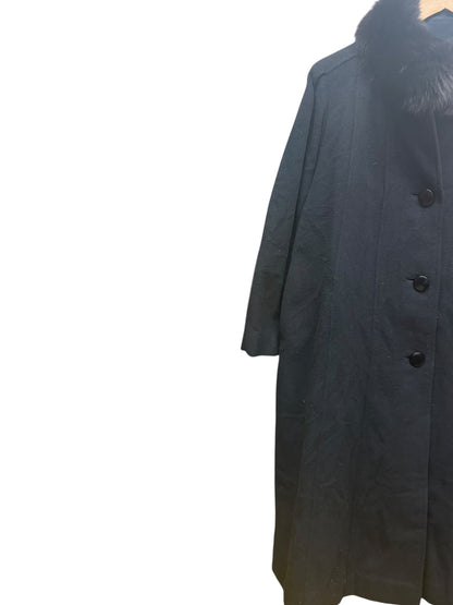 Vintage Black Wool Fox Fur Collared Long Coat