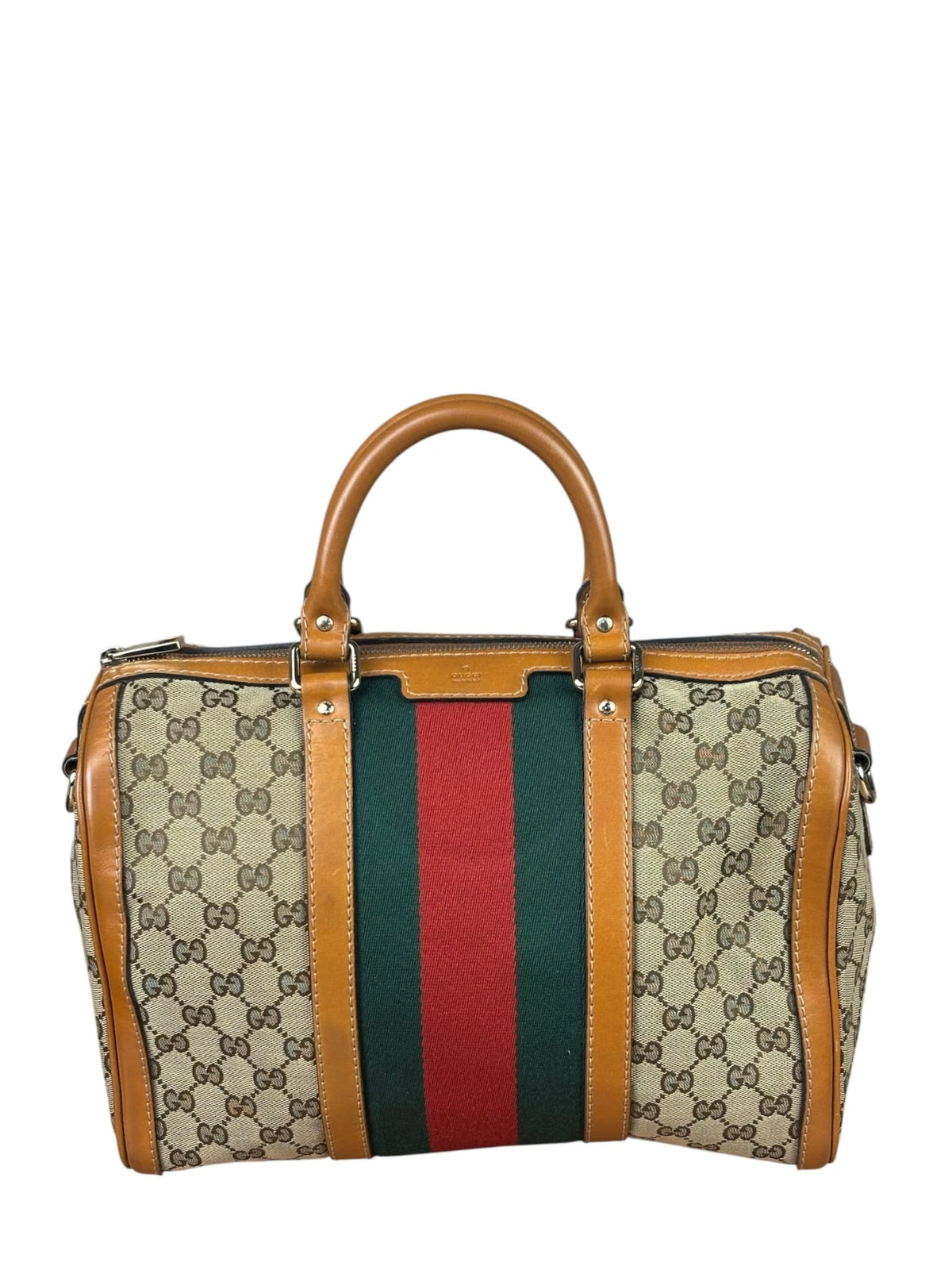 Gucci Beige/Brown GG Web Boston Two-Way Bag