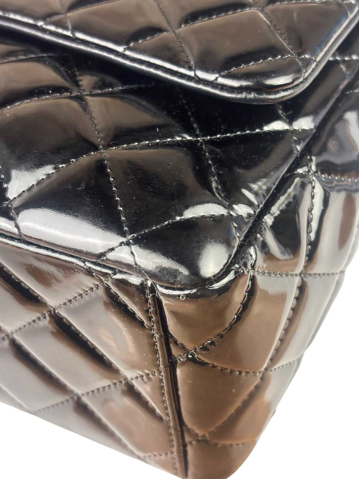 Chanel Black Patent Leather Quilted Leather Double Flap Jumbo Bag 2012