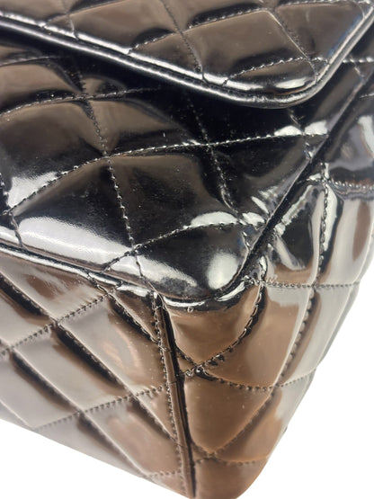 Chanel Black Patent Leather Quilted Leather Double Flap Jumbo Bag 2012