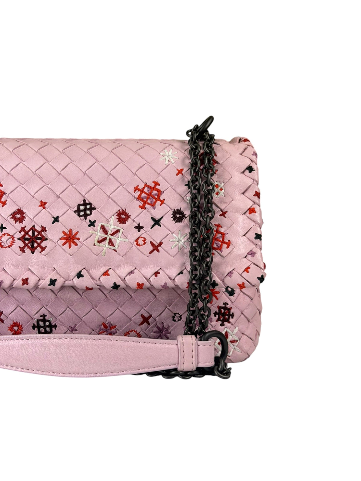 Bottega Veneta Baby Pink Leather Intrecciato Embroidered Flap Bag