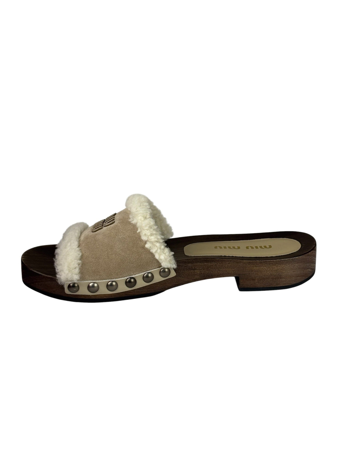 Miu Miu Suede Lining Dyed Sheep Fur Wooden Sandals