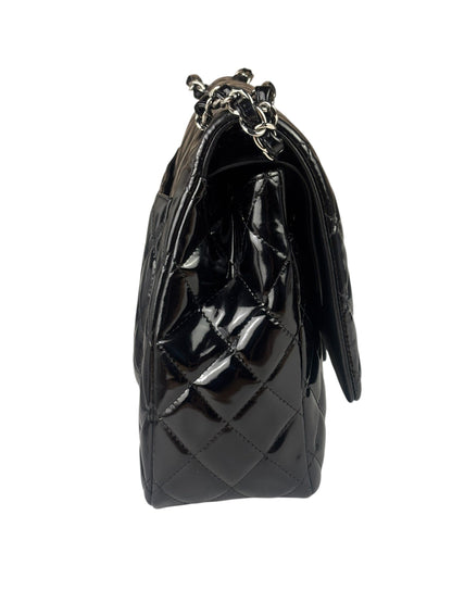 Chanel Black Patent Leather Quilted Leather Double Flap Jumbo Bag 2012