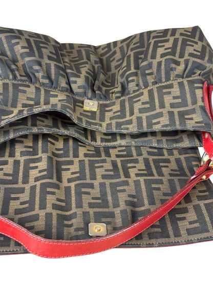 Fendi Beige/Red Leather Trim Zucca Chef Flap Bag