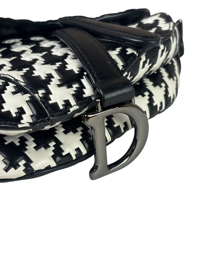 Christian Dior White/Black Leather Houndstooth Micro Saddle Bag