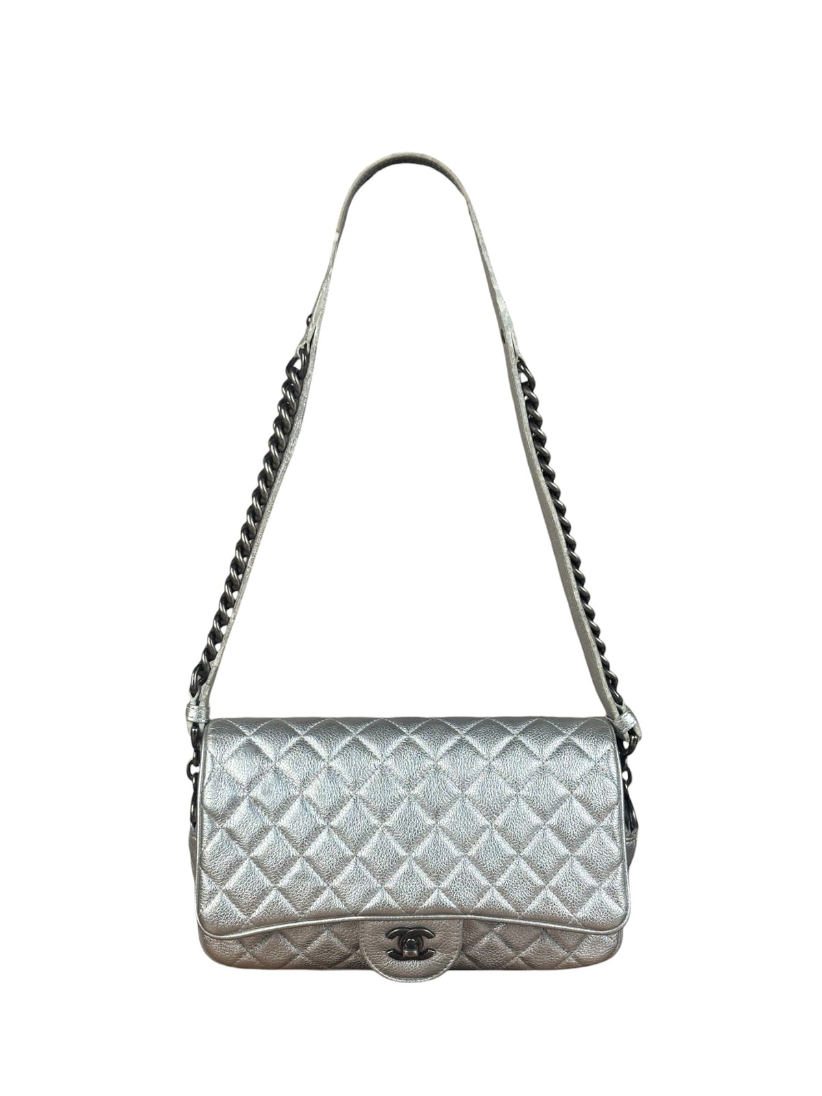 Chanel CC Silver Metallic Quilted Flap Shoulder Bag 2017