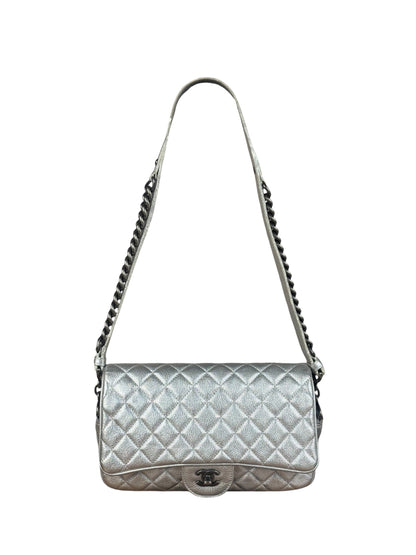 Chanel CC Silver Metallic Quilted Flap Shoulder Bag 2017
