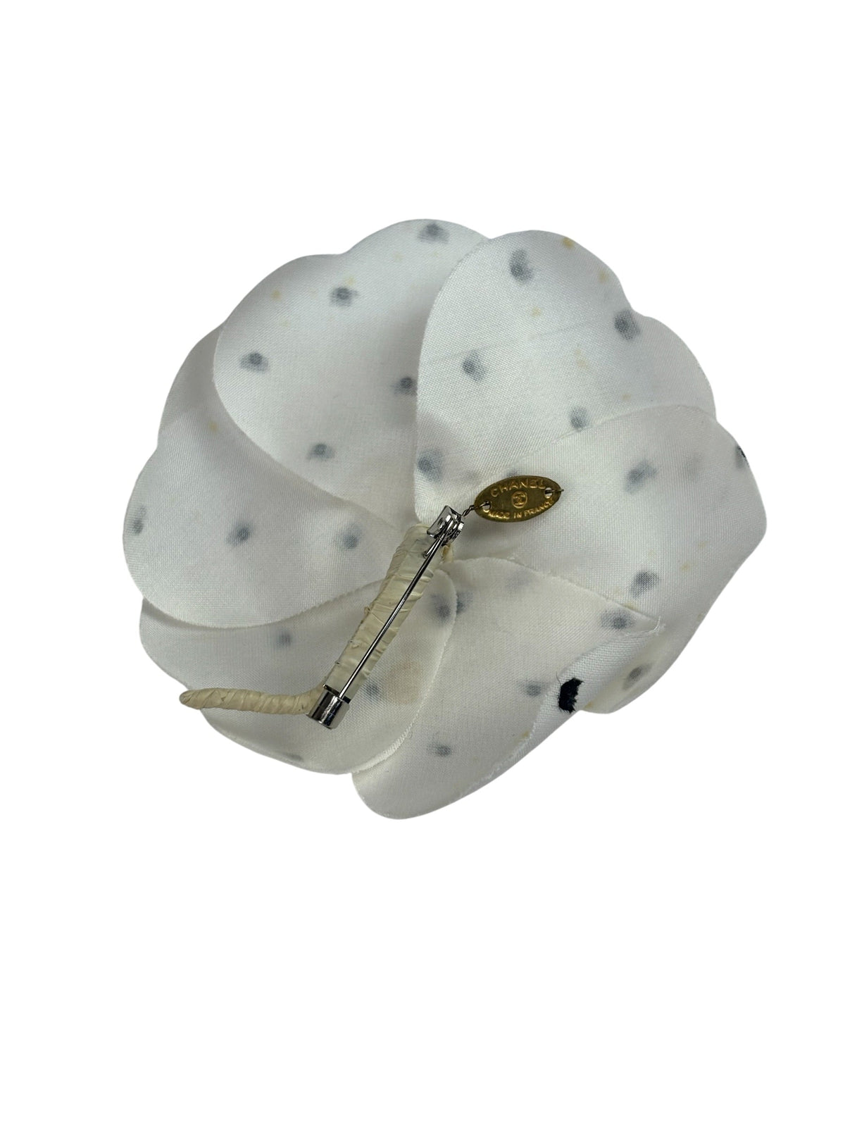 Chanel White Silk Polka Dots Camellia Flower Brooch