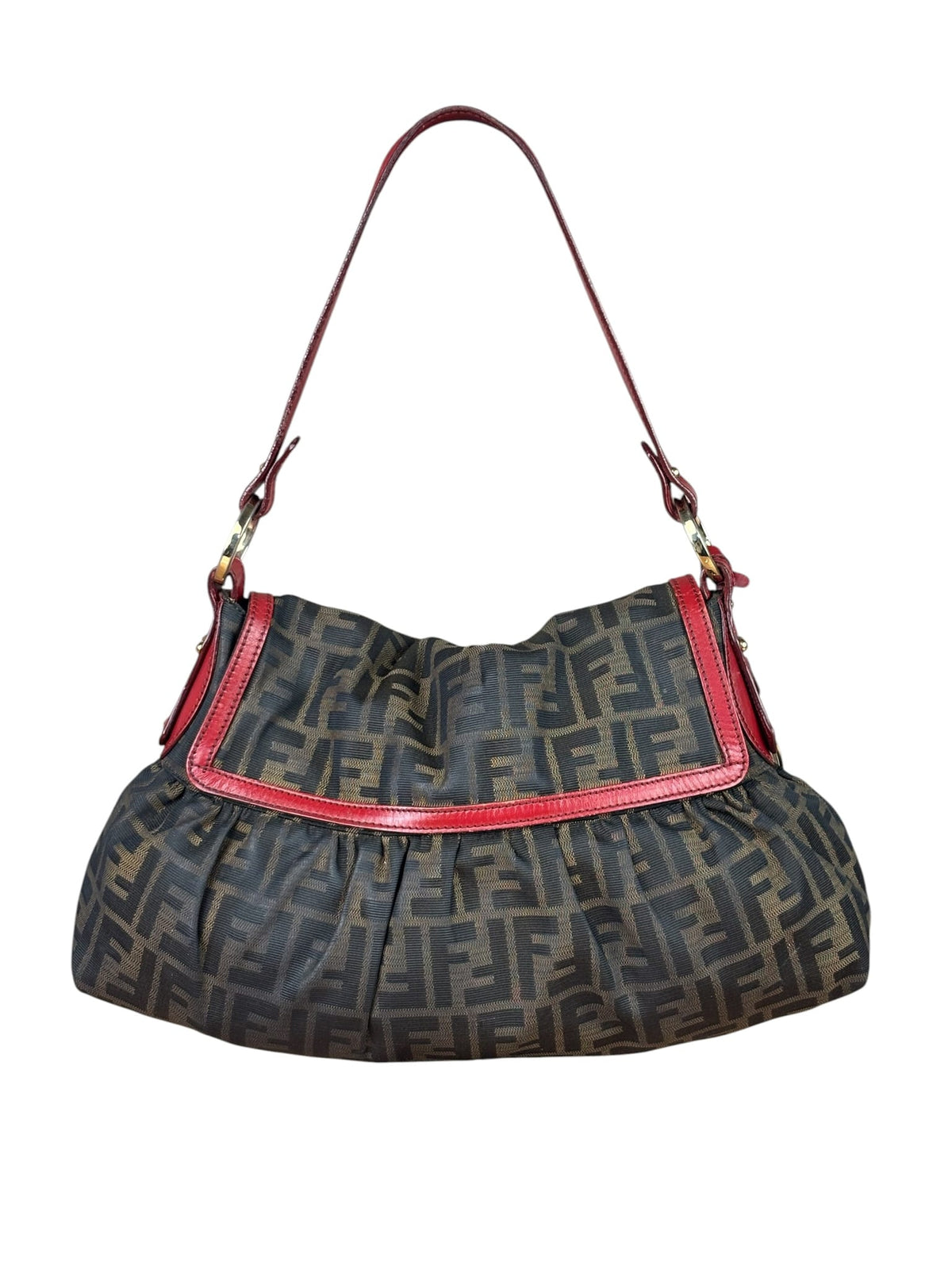 Fendi Beige/Red Leather Trim Zucca Chef Flap Bag