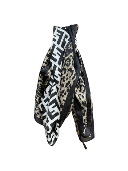 Fendi Black/White Zucca Print Leopard Print Border Silk Scarf