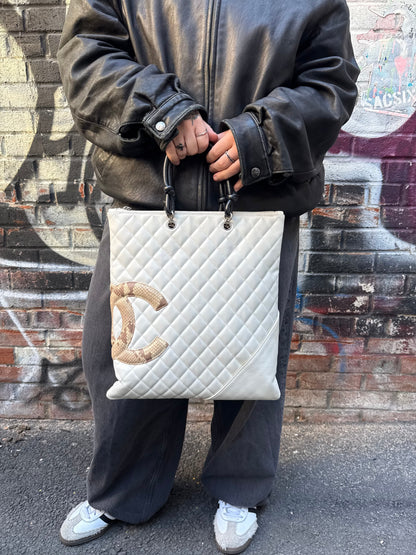 Chanel White Calfskin Quilted Python-Embossed Ligne Cambon Flat Tote Bag 2004