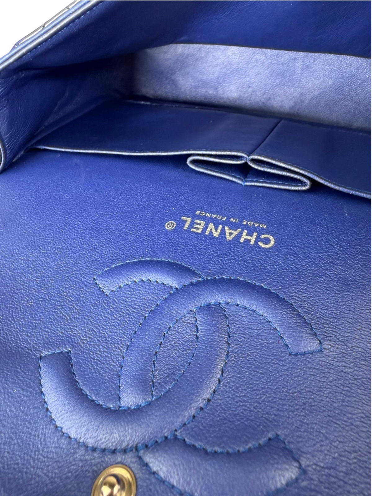 Chanel Shiny Blue Quilted Patent Leather Trim Double Flap Bag 2012