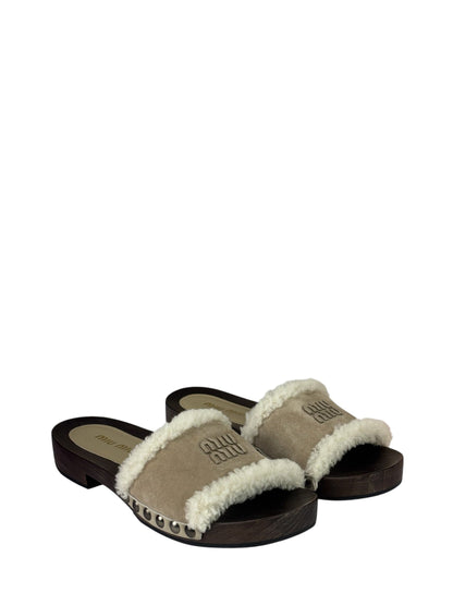 Miu Miu Suede Lining Dyed Sheep Fur Wooden Sandals