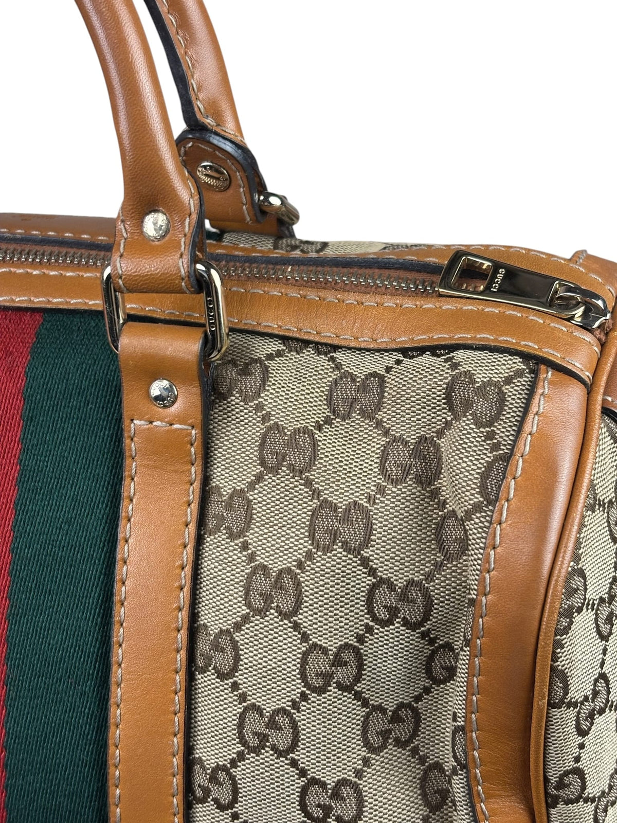 Gucci Beige/Brown GG Web Boston Two-Way Bag
