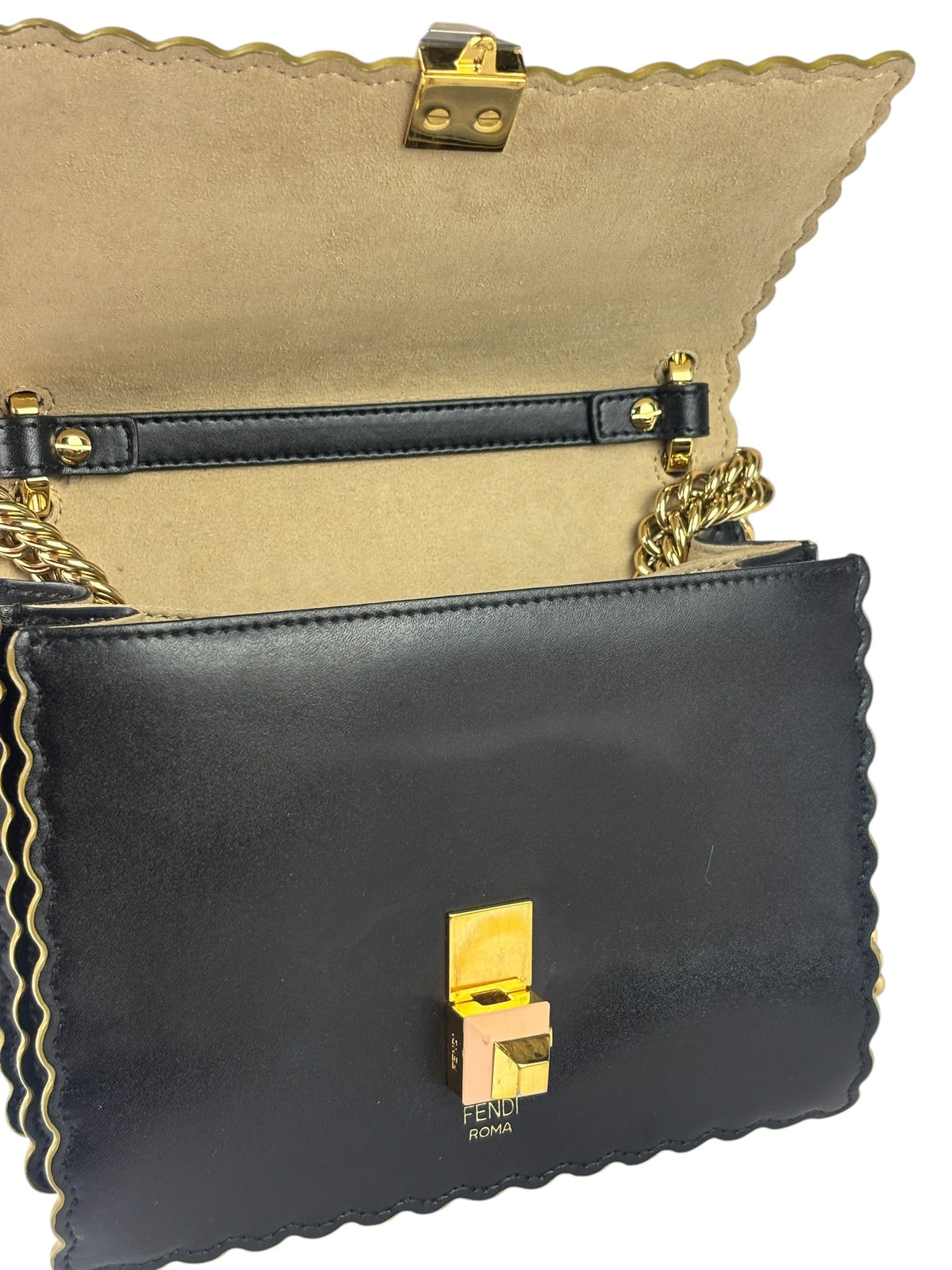 Fendi Black Leather Kan I Scallop Edge Flap Bag