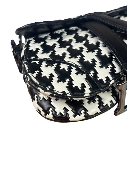 Christian Dior White/Black Leather Houndstooth Micro Saddle Bag